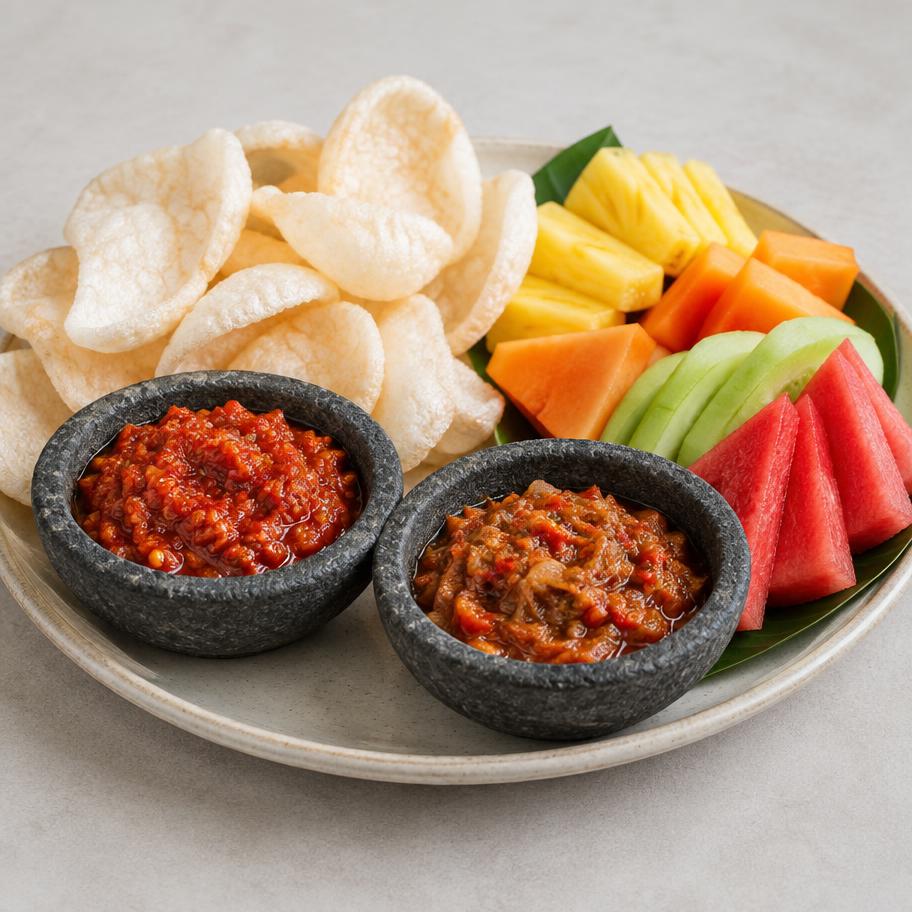Sambal, kerupuk, dan buah pelengkap